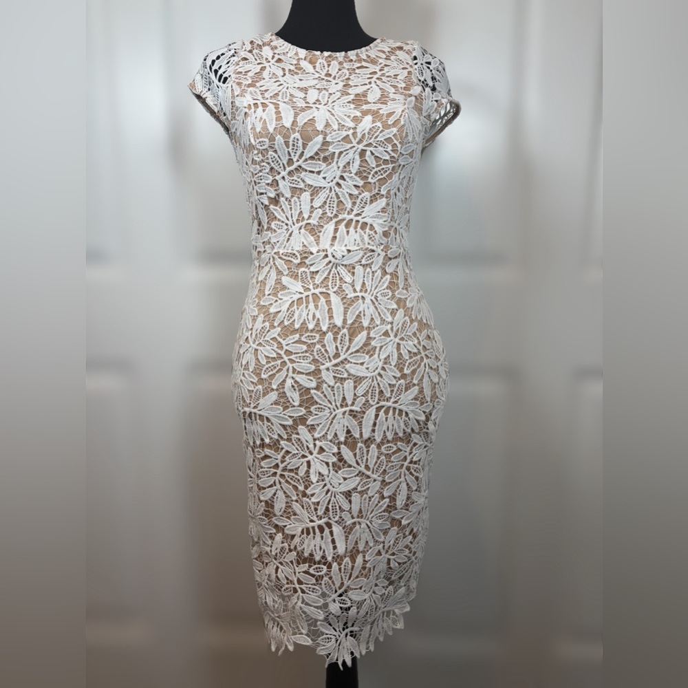 Lulus White Lace Bodycon Dress XS Back Zip (Right Sheer, Right Now)